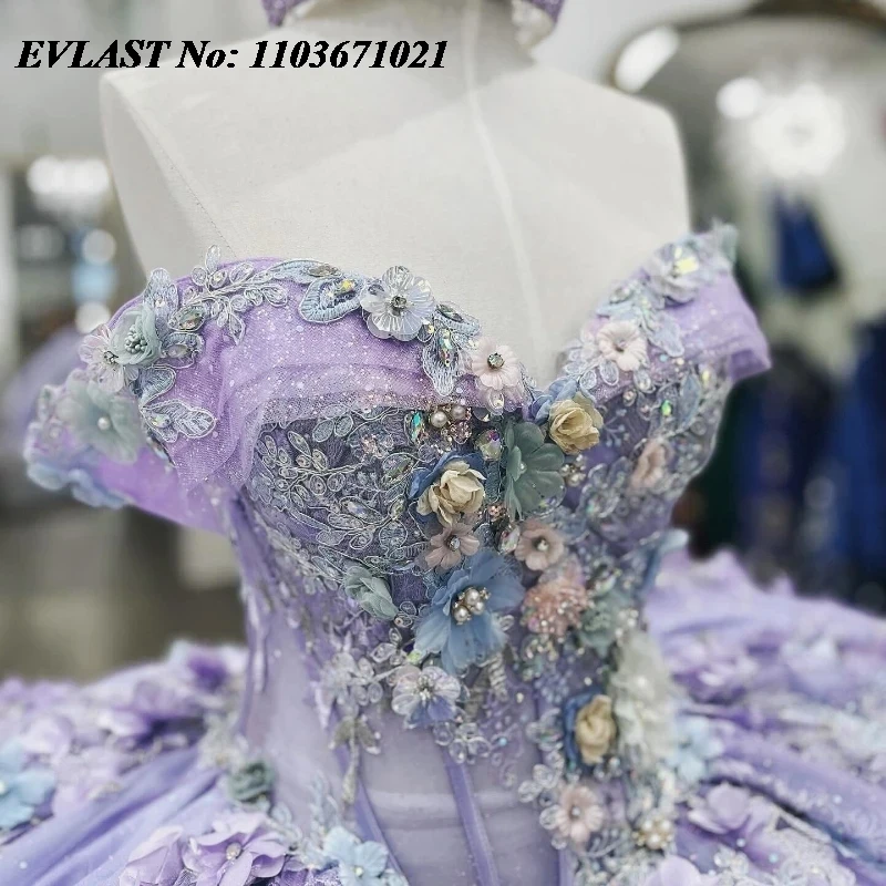 EVLAST Customized Lavender Shiny Quinceanera Dress Appliquéd Lace Beads Crystal Ball Gown Sweet 16 Vestidos De 15 Anos SQ725