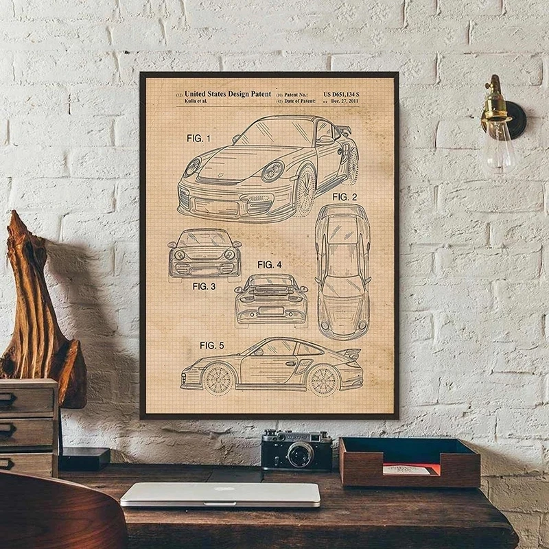 Vintage Pors-che 911 Convertible 1990 Patent Sports Car Wall Blueprint Poster Canvas Painting Print Wall Decor Living Home Art