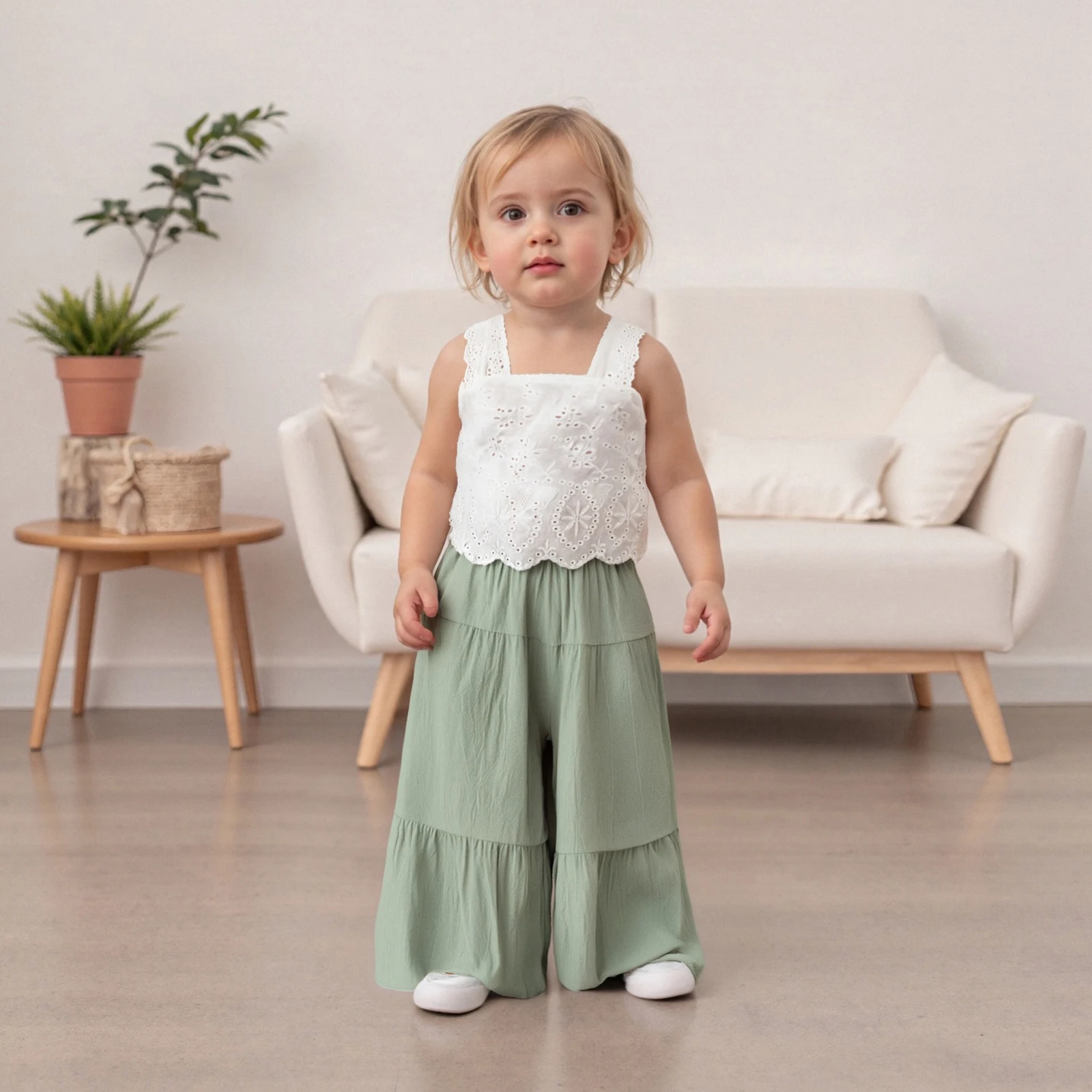 

Летний комплект для девочек 1-6 лет: однотонный топ без рукавов с кружевом и эластичные повседневные брюки с широкими штанинами