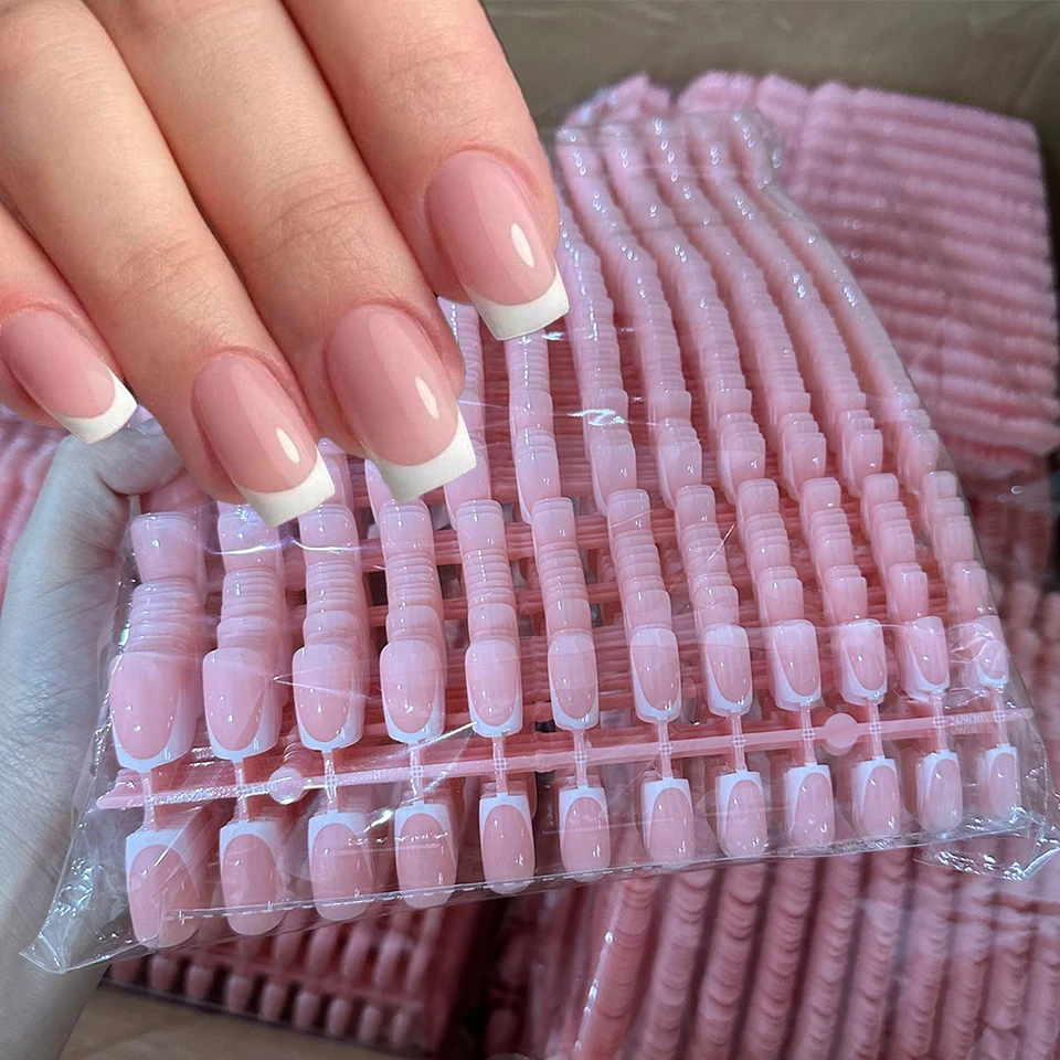 120 piezas de uñas postizas cortas cuadradas, francesas, brillantes, rosadas, de cobertura completa, acrílicas