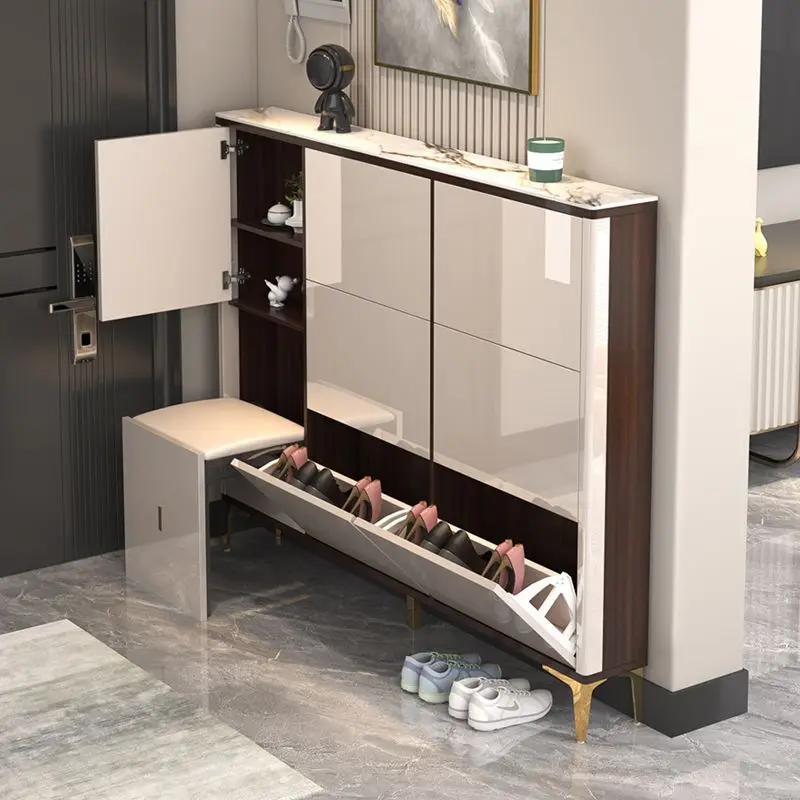 Light luxury ultra-thin tipping bucket shoe cabinet entrance door against the wall narrow side shoe cabinet shoe changing stool