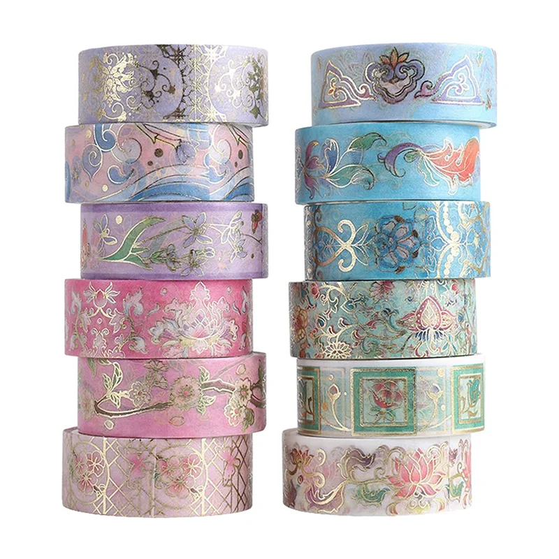 Y19A Gold Foil Flower Washi Tape Set, Floral Washi Tape, Botanical Washi Tape for Journal, Arts and DIY Crafts