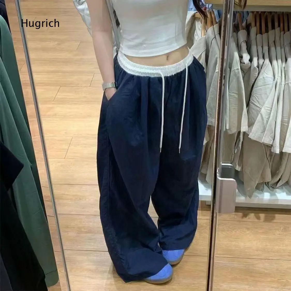 

Contrast Elastic Waist Wide Leg Pants Drawstring Front Crinkled Fabric Loose Fit Full Length Casual Trousers