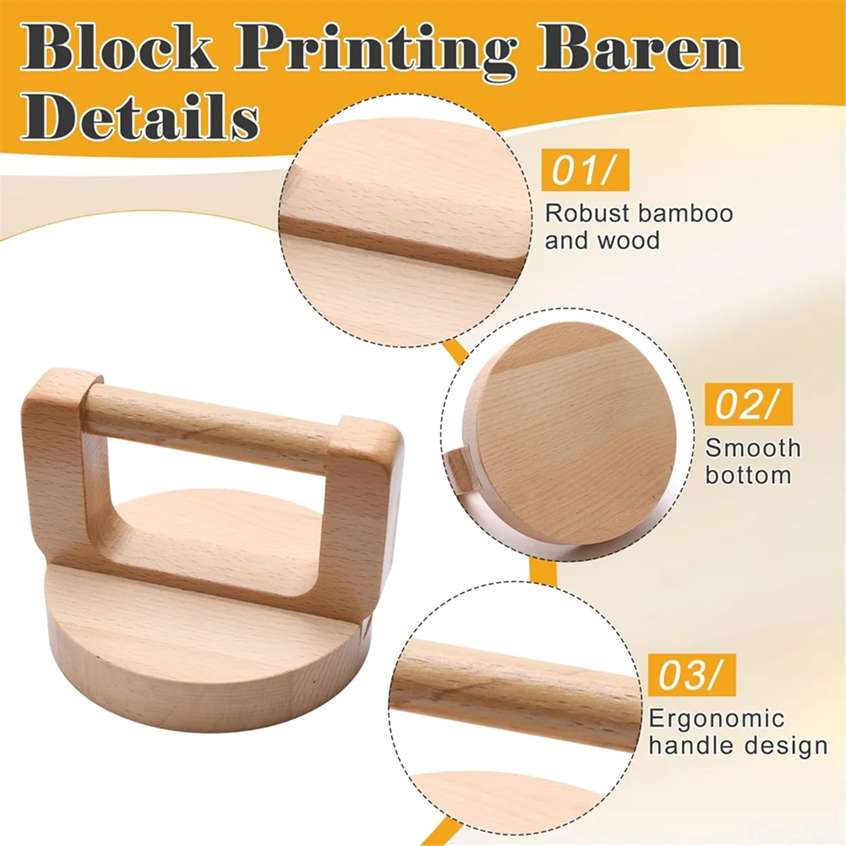 A03R 2Pcs Wooden Block Printing Baren with Rubber Brayer Roller, Block Printing Kit for Crafting, Printing, Inking