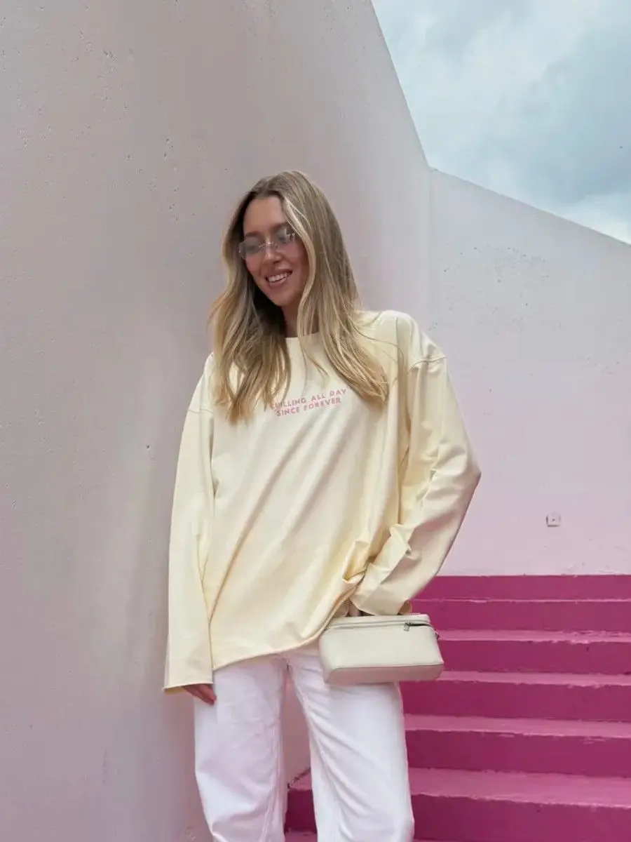 연노랑 100% 면 긴팔 티셔츠 얇은 스웨트셔츠 재미있는 귀여운 레터링 루즈핏 큰 사이즈 대학생 여성 기본 가을 겨울