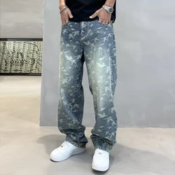 New Jacquard Full Print High Street Trendy Brand Design Feeling Jeans For Men'S Loose Straight Tube Washed Wide Leg Casual Pants