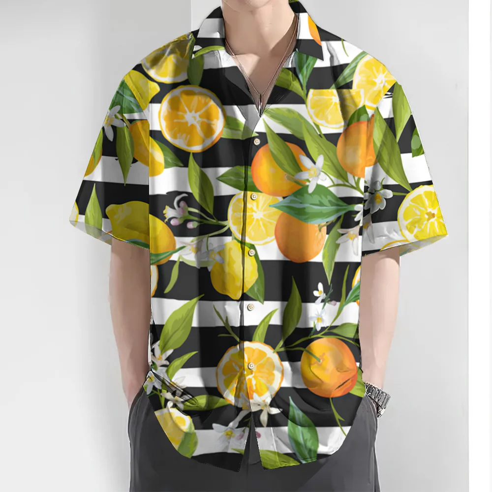 Summer Men's Shirt 3d Fruit Print Hawaiian Shirts For Men Fashion Stripe Short Sleeve Shirt Oversized Men Clothing 2024 New Tops