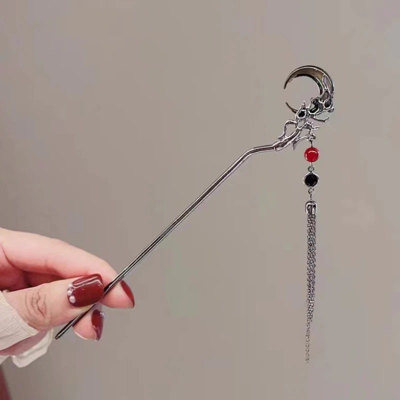 

Dark Chinese Style Moon Hairpin – Vintage Silver Stick with Red & Black Tassel, Elegant Hanfu Jewelry for Women