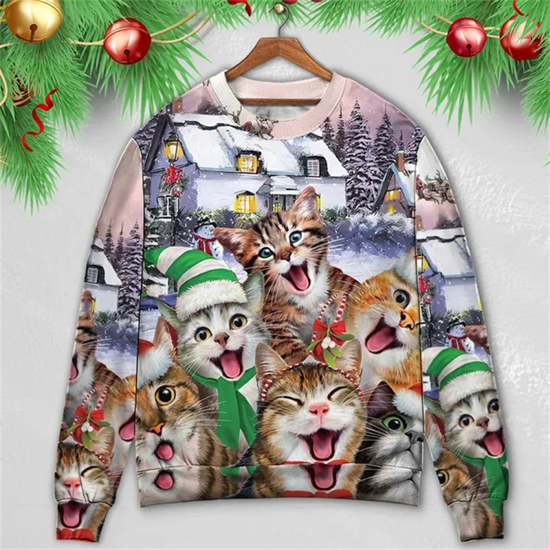 2024 Autumn Funny Cats Ugly Sweatshirts New Anime Cat Graphic Christmas Funny Sweat For Women Clothes Xmas Gift Boys Kids Tops