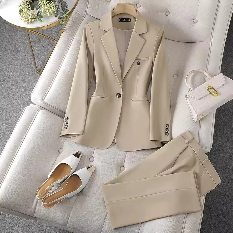 ZJYT Business Chic Office Blazer Suits Pant Sets 2 Piece Womens Outfits Elegant Spring Plus Size One Button Jacket Trousers Set