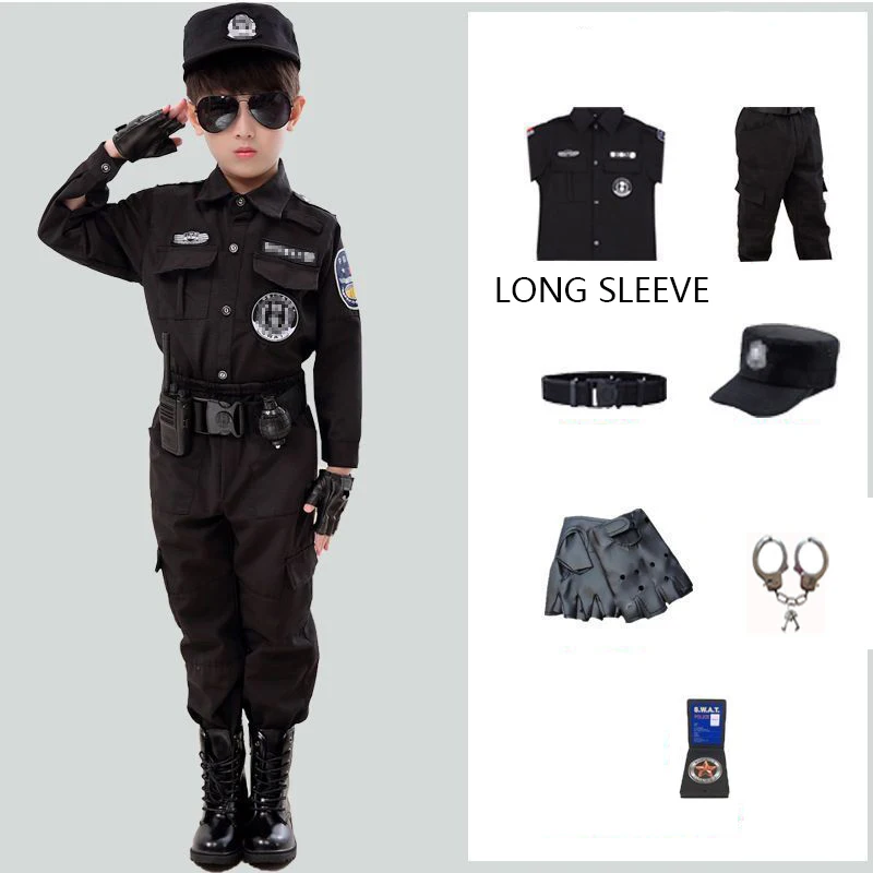 Costumes de policier cosplay pour enfants, uniforme de police de carnaval, vêtements de policier de l'armée, cadeau d'Halloween pour garçons, fête de Noël pour enfants