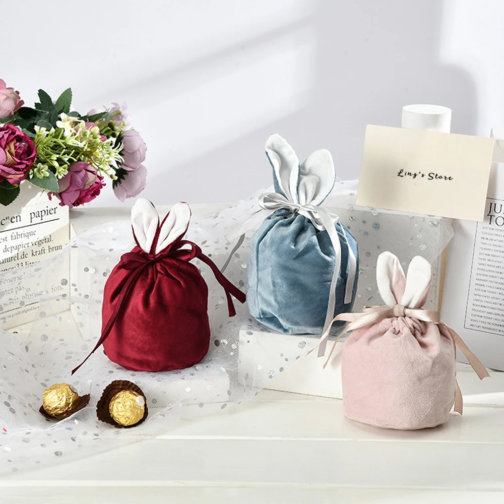 Cute Rabbit Velvet  Jewelry Drawstring Bag Chocolate Candy Bunny Soap Gift Packing Pouch Wedding Valentine's Day Party Organizer