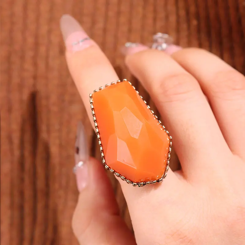 Exaggerated Abnormal Irregular Orange Rose red Resin Metal Chunky Ring for Women Girl Vintage Jewelry HUANZHI 2024 NEW INS