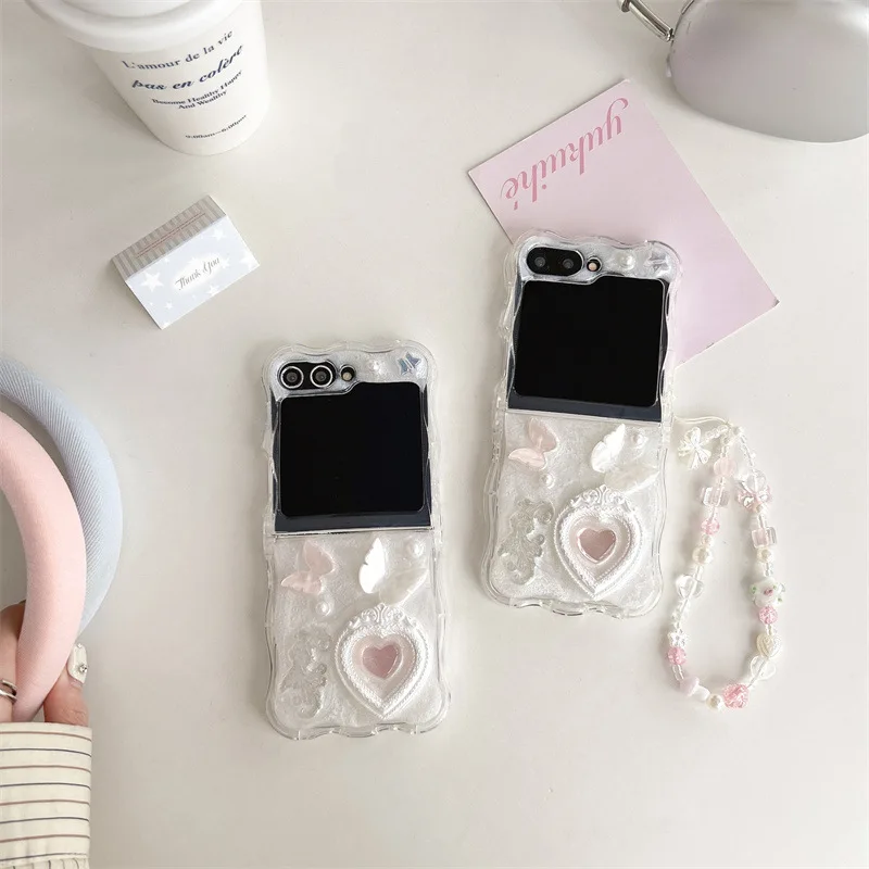 Luxus 3D Schmetterling Liebe Herz Wellenförmige Telefon Fall Für Samsung Galaxy Z Flip 7 6 5 4 3 Zflip7 Zflip6 mit Lanyard Stoßfest Abdeckung