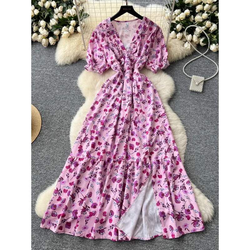 Boho vintage slim ผู้หญิงฤดูร้อน v คอดอกไม้พิมพ์ชุดยาวชายหาด vestido de festa elegant streetwear แยก vestidos