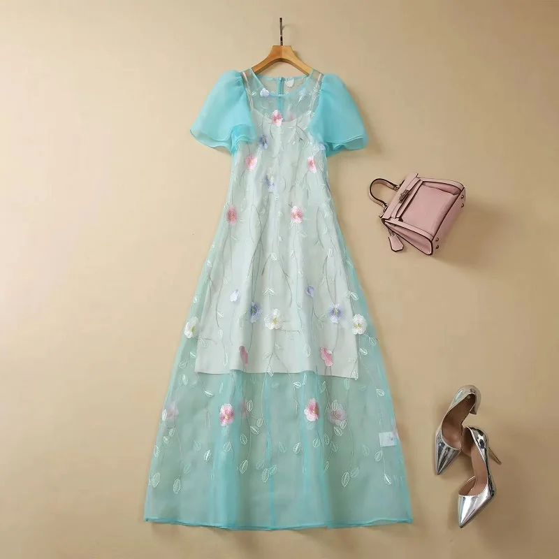 

Luxury Dress 2024 Summer Style Women O-Neck Allover Exquisite Embroidery Short Sleeve Elegant Long Blue Maxi Dress Vestidos