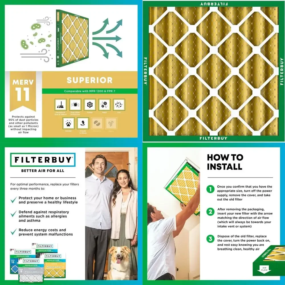 

20x20x4 MERV 11 Air Filter for Pets and Allergies (4-Pack), Pleated HVAC Replacement (Actual: 19.5x19.5x3.63)