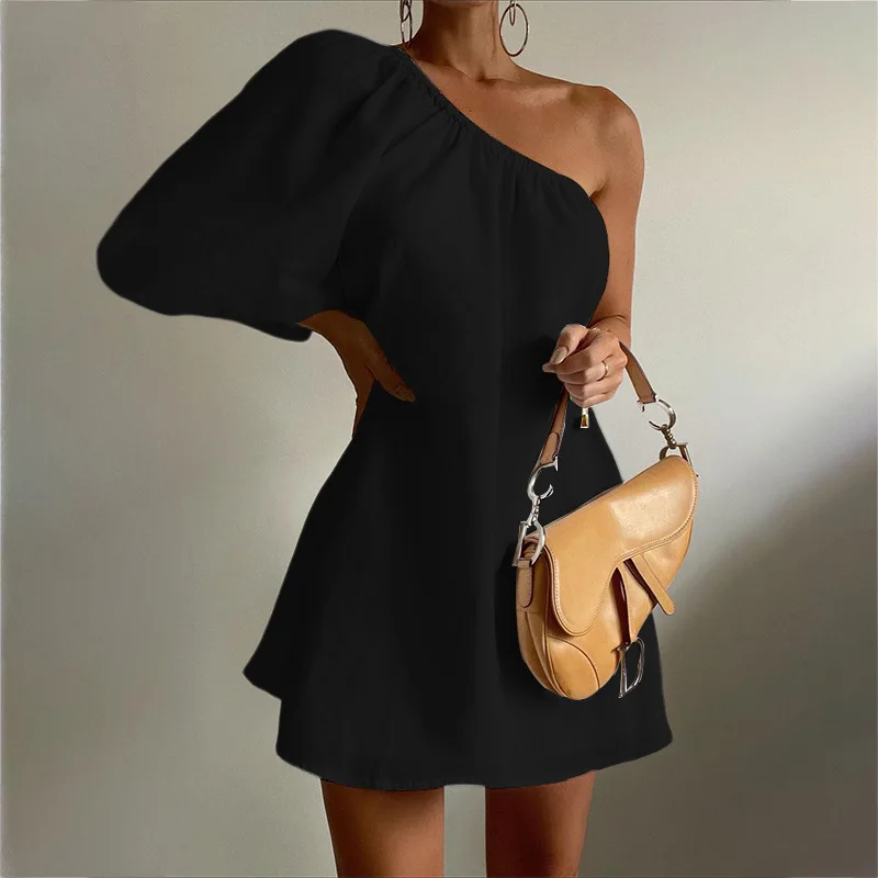 White Oblique Shoulder Cotton Linen Mini Dresses For Women Sexy Black One Shoulder Basic Puff Sleeve Party Club Dress Vestidos