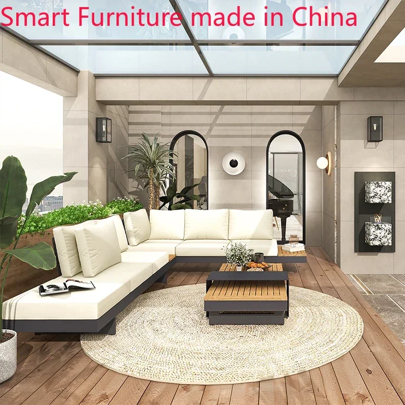 Customized outdoor sofa, courtyard, villa, garden, rain and sun protection, aluminum alloy seats and solid wood furniture