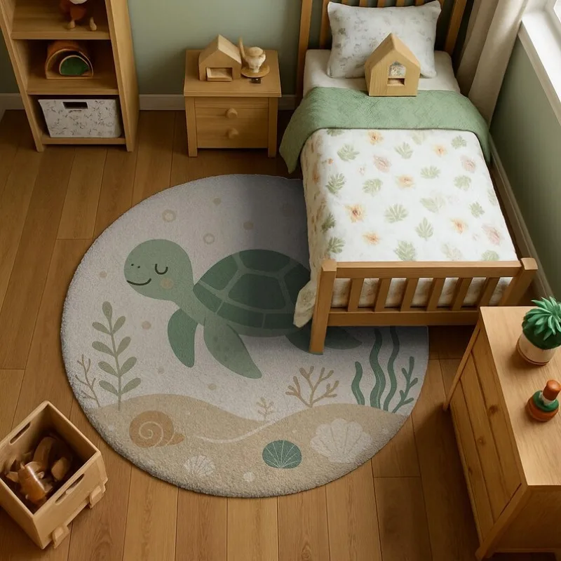 Cartoon Turtle Circle Rug Cute Green Sea Turtle with Friendly Smile Playful Ocean Themed Floor Mat for Kids Room Education Decor - view 2