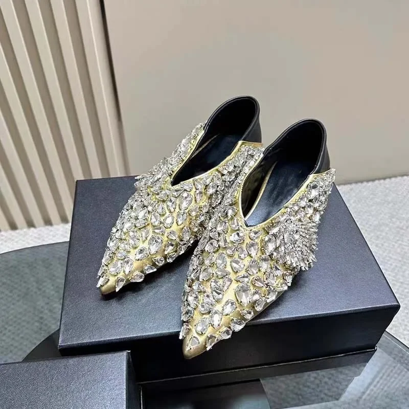 Rhinestone Gemstone Pumps Pointed Toe High Quality Flat Ballet Women Shoes Soft Leather Reversible Heel Mules Chaussure Femme