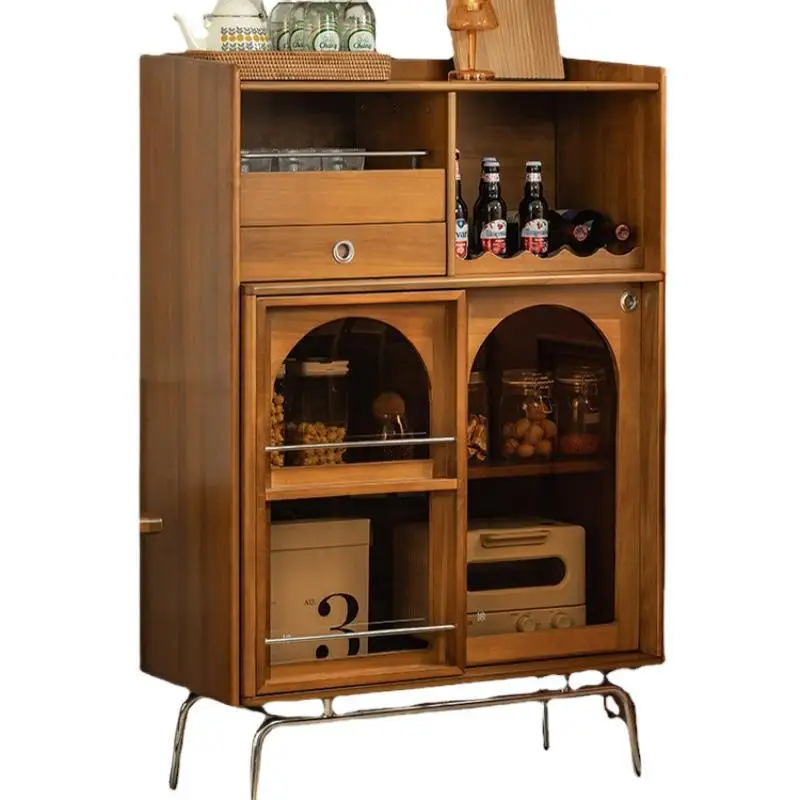Vintage restaurant side cabinet brown glass solid wood tea cabinet medieval living room wall mounted stainless steel side