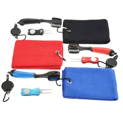 Golf Club Clean Repair Tool Set, escova do clube de toalha, Training Aids Tools, preto vermelho e azul, Course Lawn, 3pcs