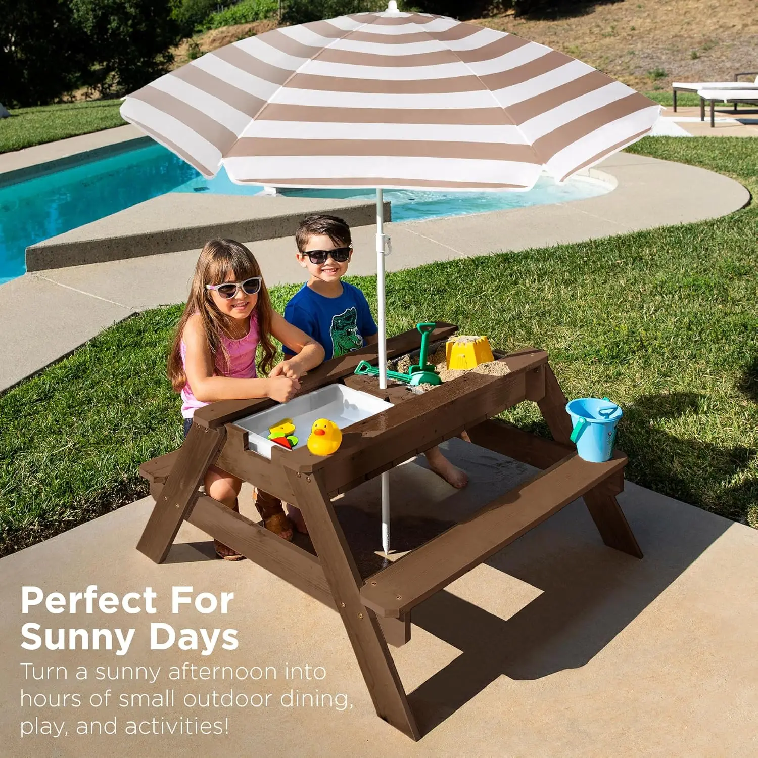 3-in-1 Sand & Water Table, Wood Outdoor Convertible Picnic Table w/Umbrella, 2 Trays, Removable Top, 220lb Capacity