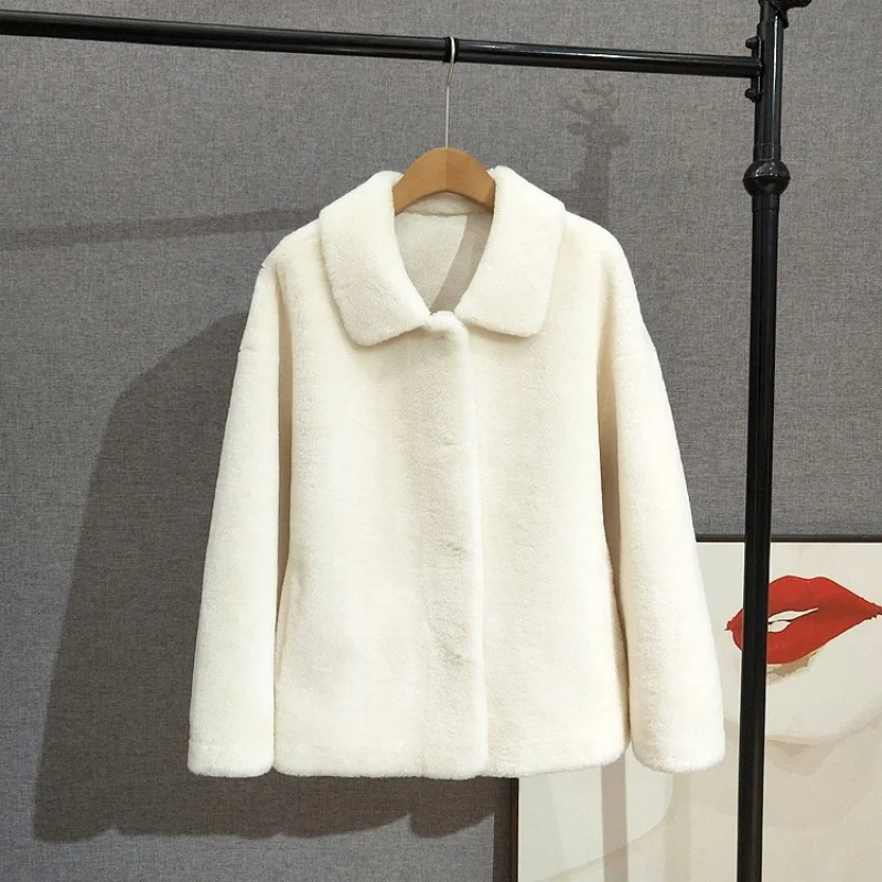 الحد الأدنى الفاخرة قصيرة طوق معطف فرو الضأن المرأة الأغنام شيرلينغ سترة ملابس خارجية أنيقة JT522