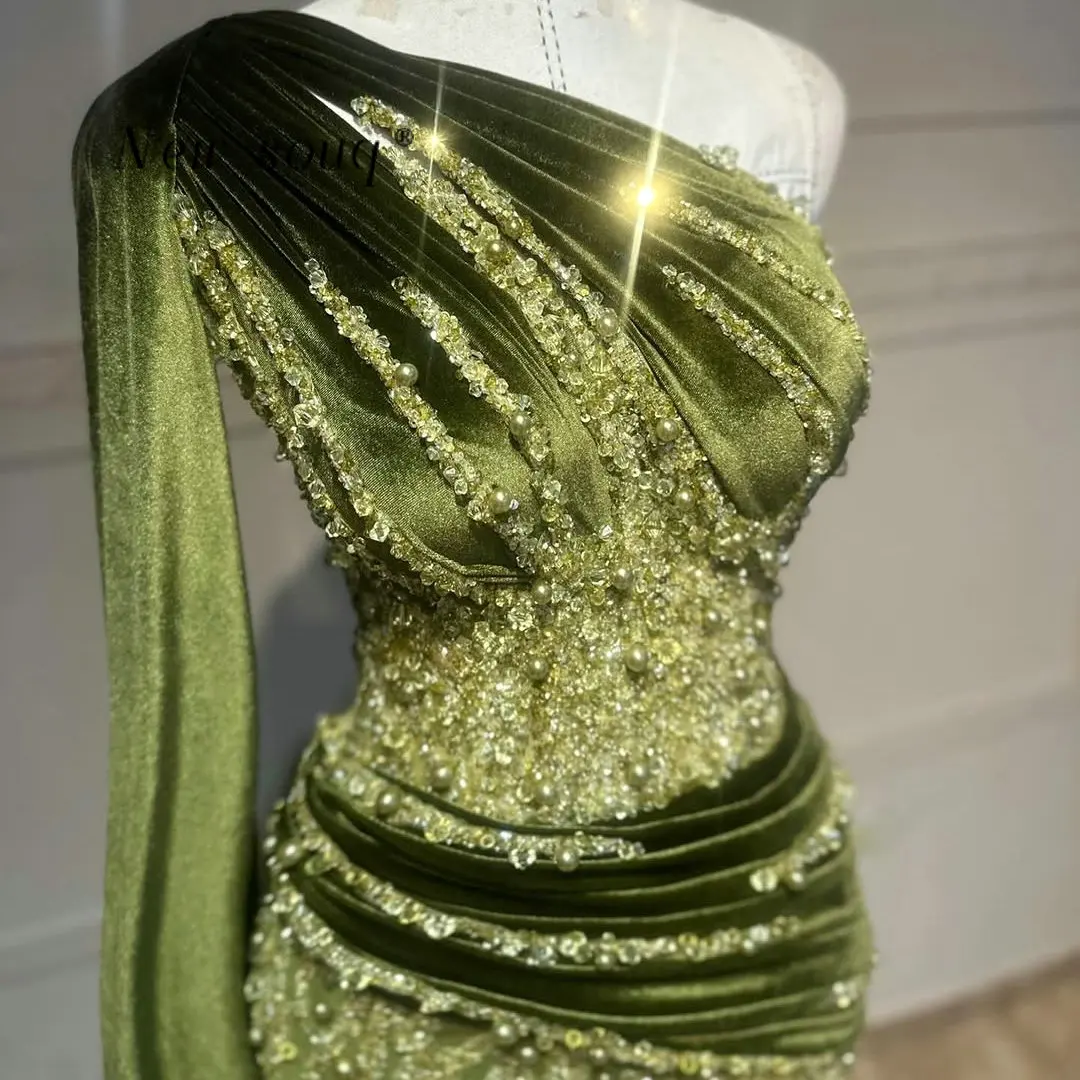 Grüne One-Shoulder-Meerjungfrau-Abendkleider, maßgeschneidert, elegante formelle Hochzeits-Party-Kleider für Frauen, lange Perlen-Pailletten-Abschlussball-Robe