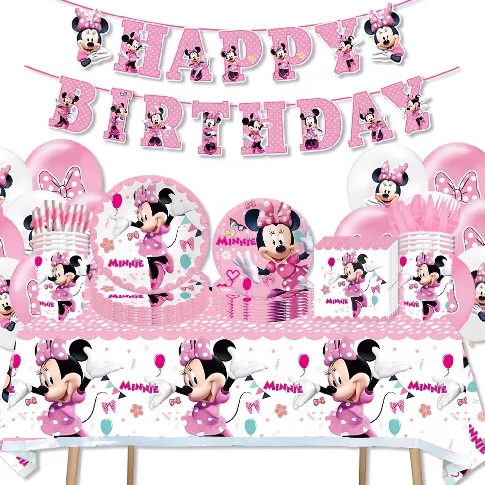 Disney Pink Minnie Jednorazowe dekoracje Zestawy serwetek Talerze na urodziny Baby Shower Jadalnia Ślub Szkoła Dom Wydarzenia