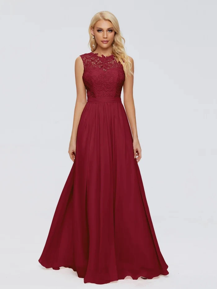 

Elegant Burgundy Lace Evening Dress with Flowing Skirt - Long Formal Gown for Prom,Wedding Guest - Women's Elegant Party Dress