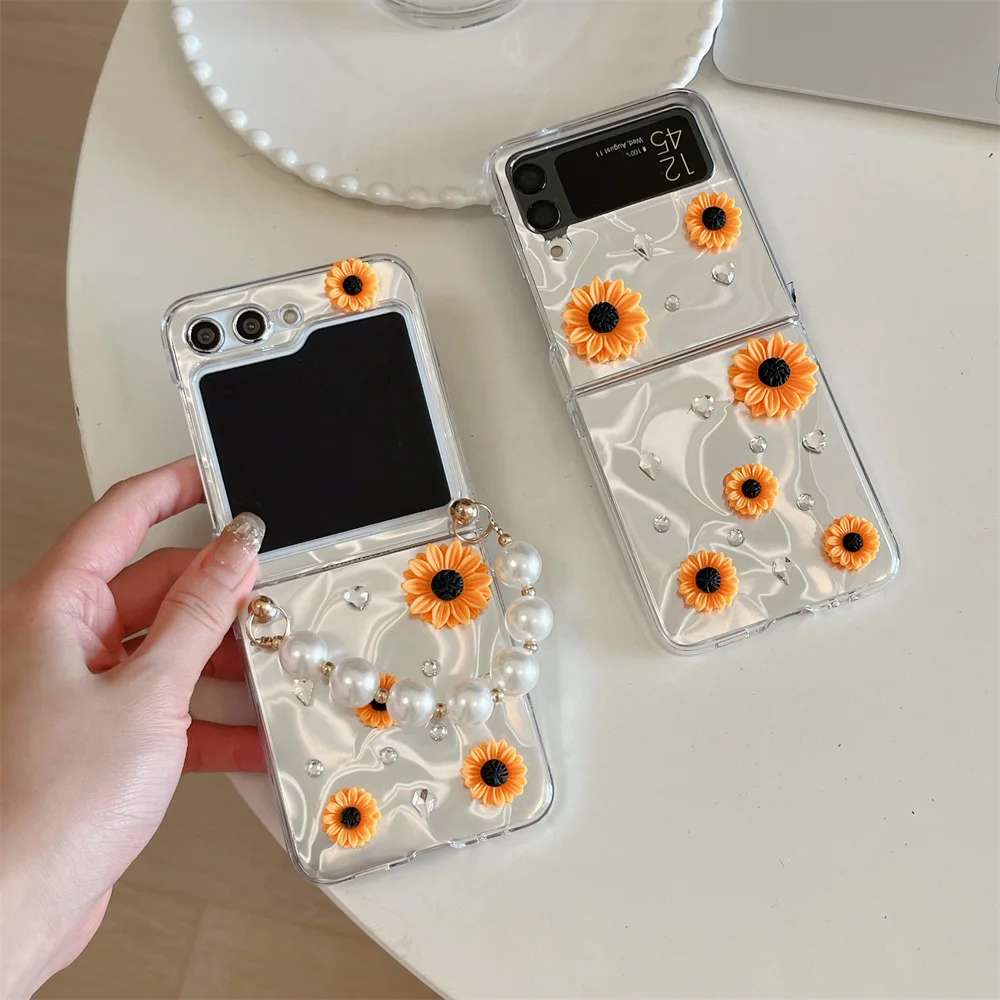 

Ins Wave Luxury Gemstone 3D Flower Phone Case for Galaxy Z Flip5 Flip4 Flip3 4 5 6 Flip6 5 4 Cover with Chain Korean Cases Funda