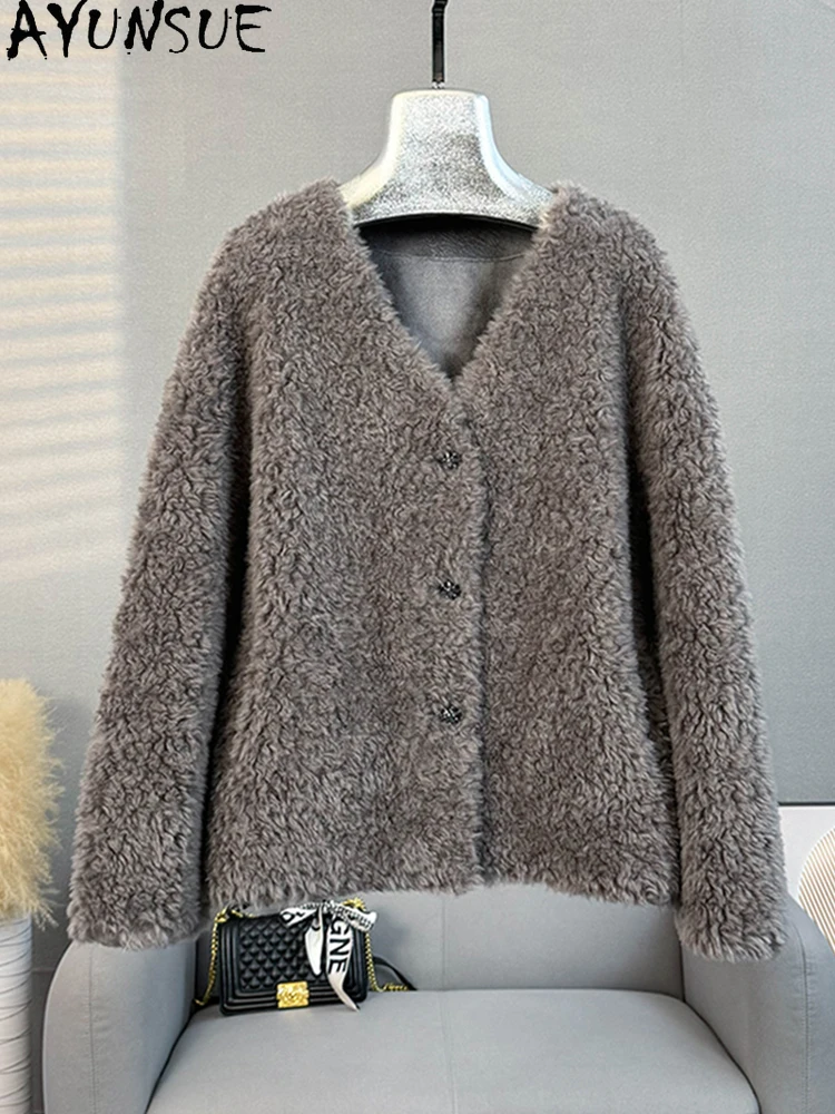 AYUNSUE 100% Naturalna Wełna Damska Kurtka 2025 Zima Dekolt V Futro Jagnięce Kurtka Odzież Damska Moda Odzież Wierzchnia Ropa Para Mujer