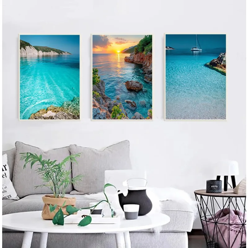 Póster moderno de paisaje marino de verano en lienzo, arte de pared con paisaje natural costero al atardecer para sala de estar