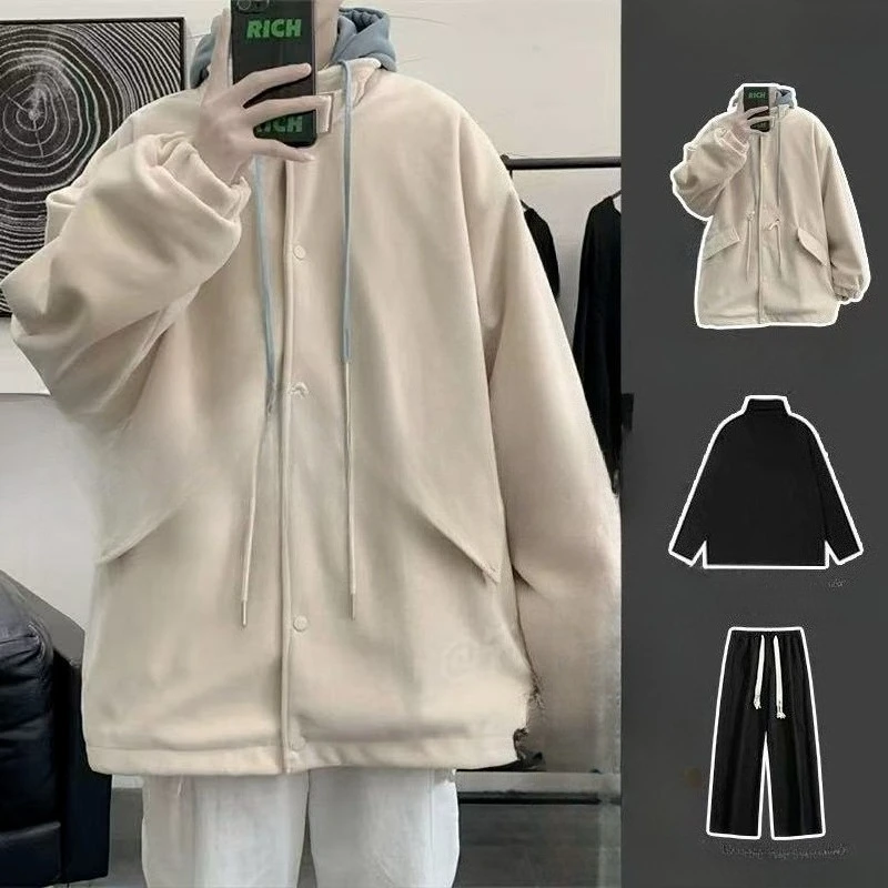 Men Winter Thick Hooded Fake Two Piece Jacket 3 Piece Set Loose Premium Casual Fleece Pants Outfit