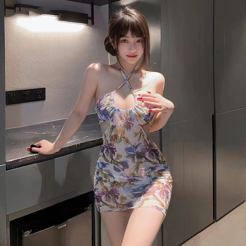 

Floral Pritned Lace Up Halter Dress Sexy Backless Mesh Summer Women Nightdress