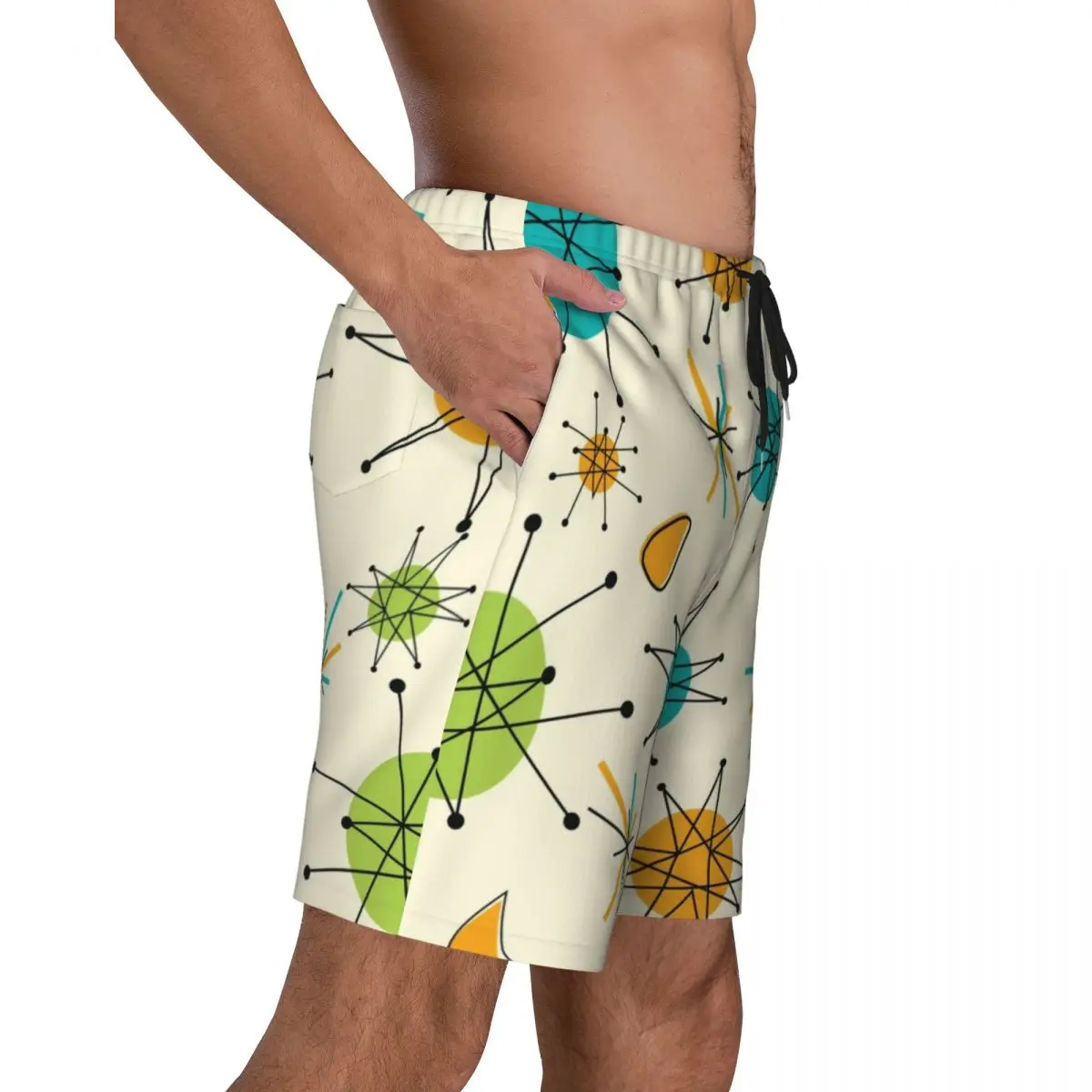 Retro Atomic Abstract Geometric Swim Trunks Beachwear Quick Dry Beach Board Shorts Mid Century Abstract Swimming Boardshorts