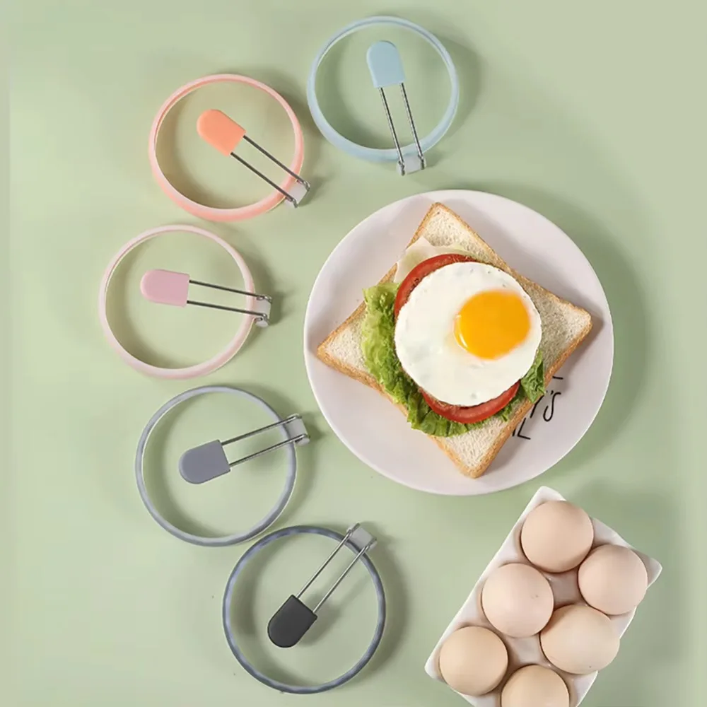 2 Pieces Silicone Round Fried Eggs Mold Scald-proof Handle Thickened Omelet Mold Heat-resistant Pancake Ring Sandwich