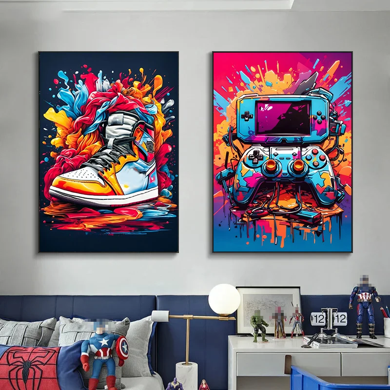 Colorful Graffiti Art Sneakers Shoes Game Controller Canvas Painting Print Posters Modern Pop Wall Art Home Living Room Decor