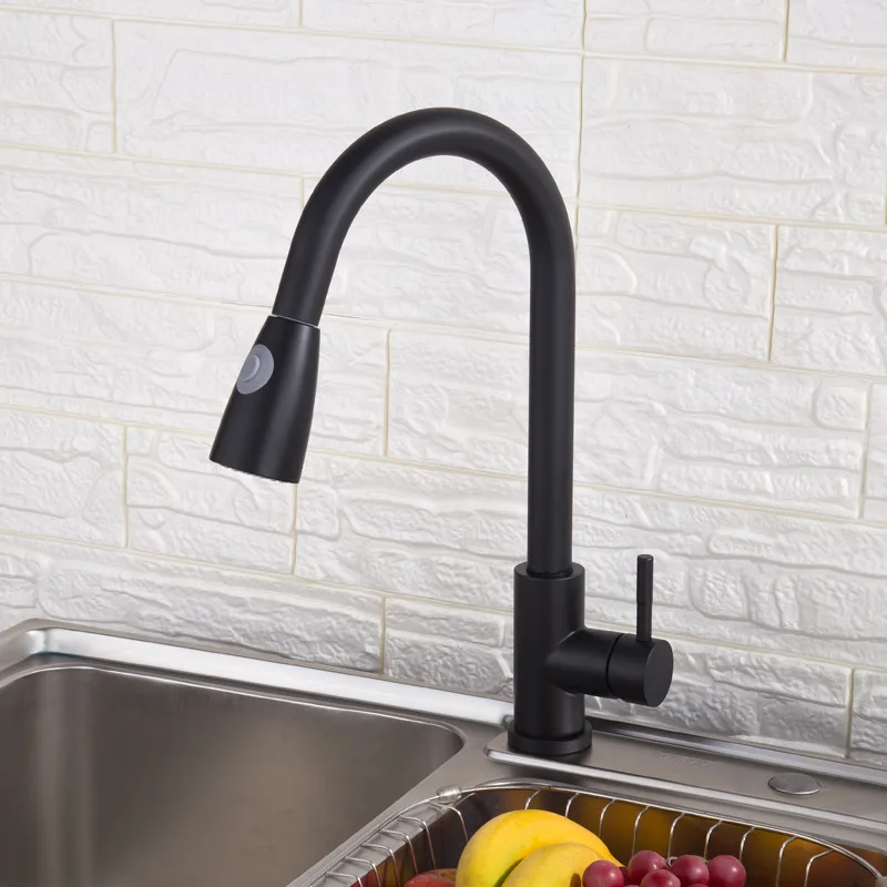 304 stainless steel retractable kitchen faucet hot and cold black paint pull-out  sink