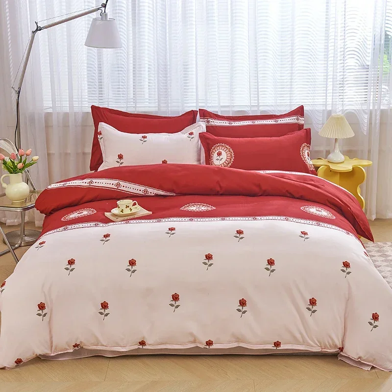 

Single duvet cover Printed red quilt cover Thickened plant-cashmere cartoon multicolored bed cover 220x240 double bedding