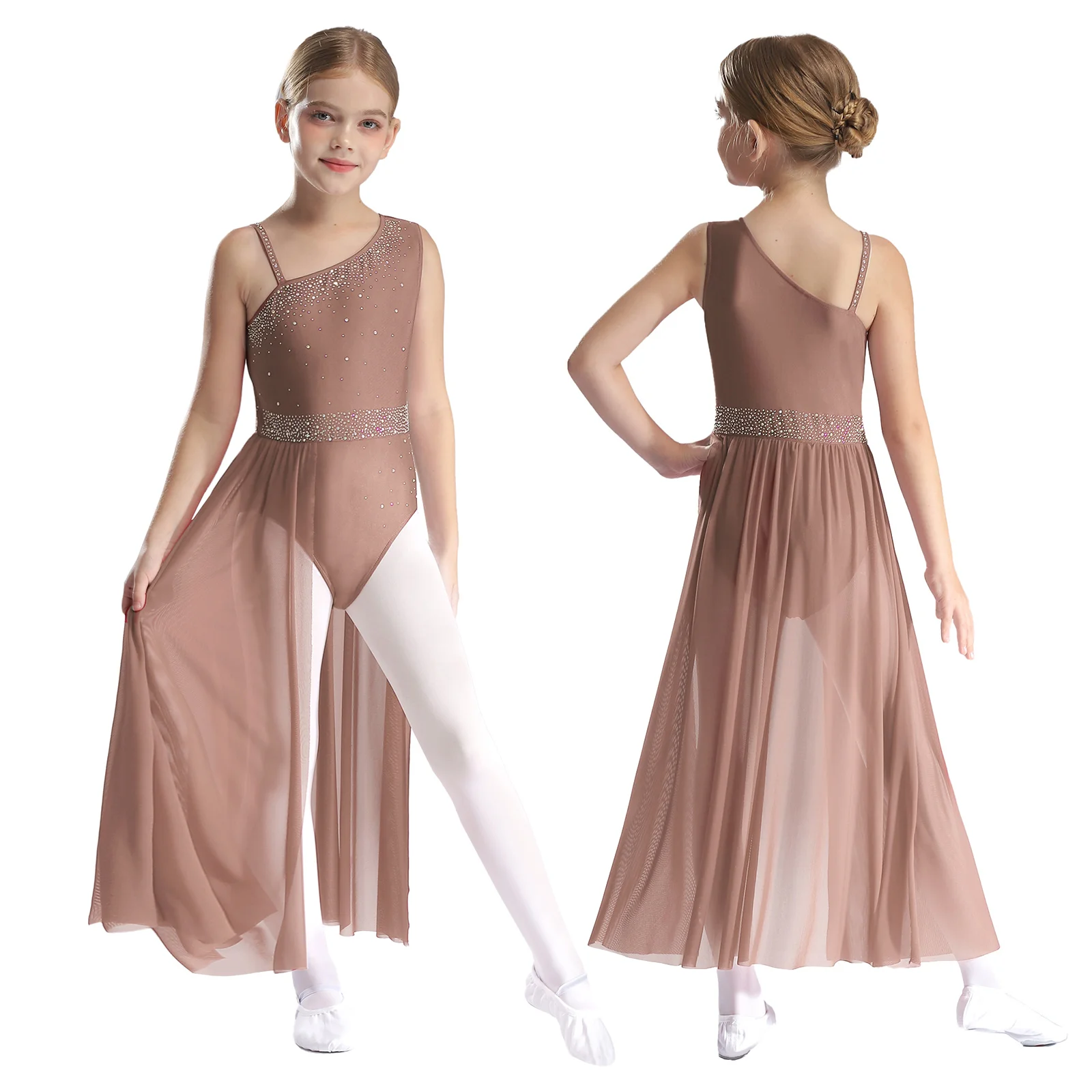 Kids Girls Ballet Lyrical Dance Dress Rhinestones Sheer Mesh Skirted Leotard Dress Modern Contemporary Performance Dancewear