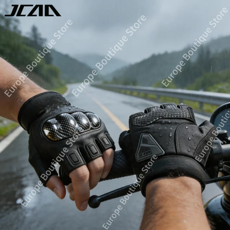 

2026 NEW Men Summer Half Finger Genuine Leather Motorcycle Gloves Breathable Carbon Fiber Shell Short Anti Fall Riding Gear