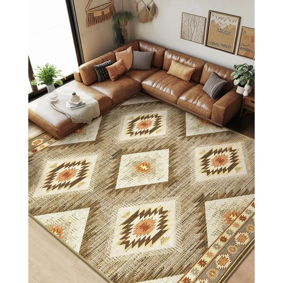 

Ковер 8x10, машинная стирка, нескользящий низкий ворс с принтом, западный ковер для гостиной, спальни, прихожей, этнической серии, кремовый Ca