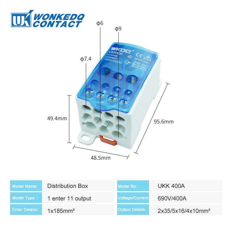 UKK 400A UKK400A Power Distribution Box Junction Box 1 In 11 Out Universal Wire Electrical Connector Din Rail Terminal Block