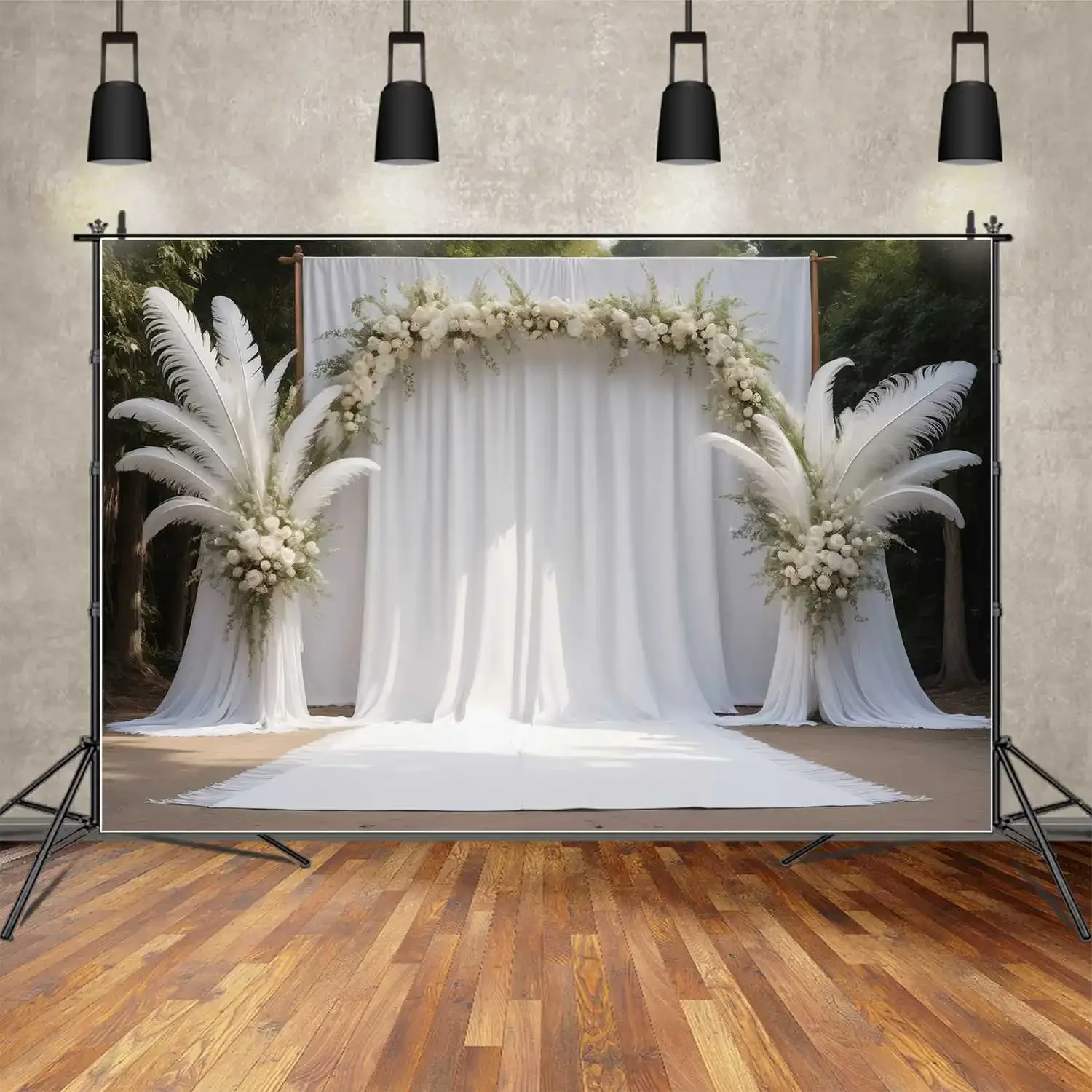 MOON.QG Lawn Wedding Bridal Backdrops For Photography Curtain Outdoor Party Photo Background Feather Bouquet Flower Studio Decor