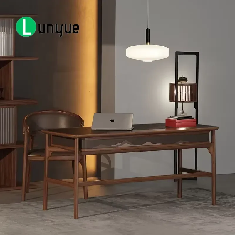 New Chinese Style Solid Wood Desk with Drawers Luxury Leather Walnut Finish Office Computer Desk Storage Furniture