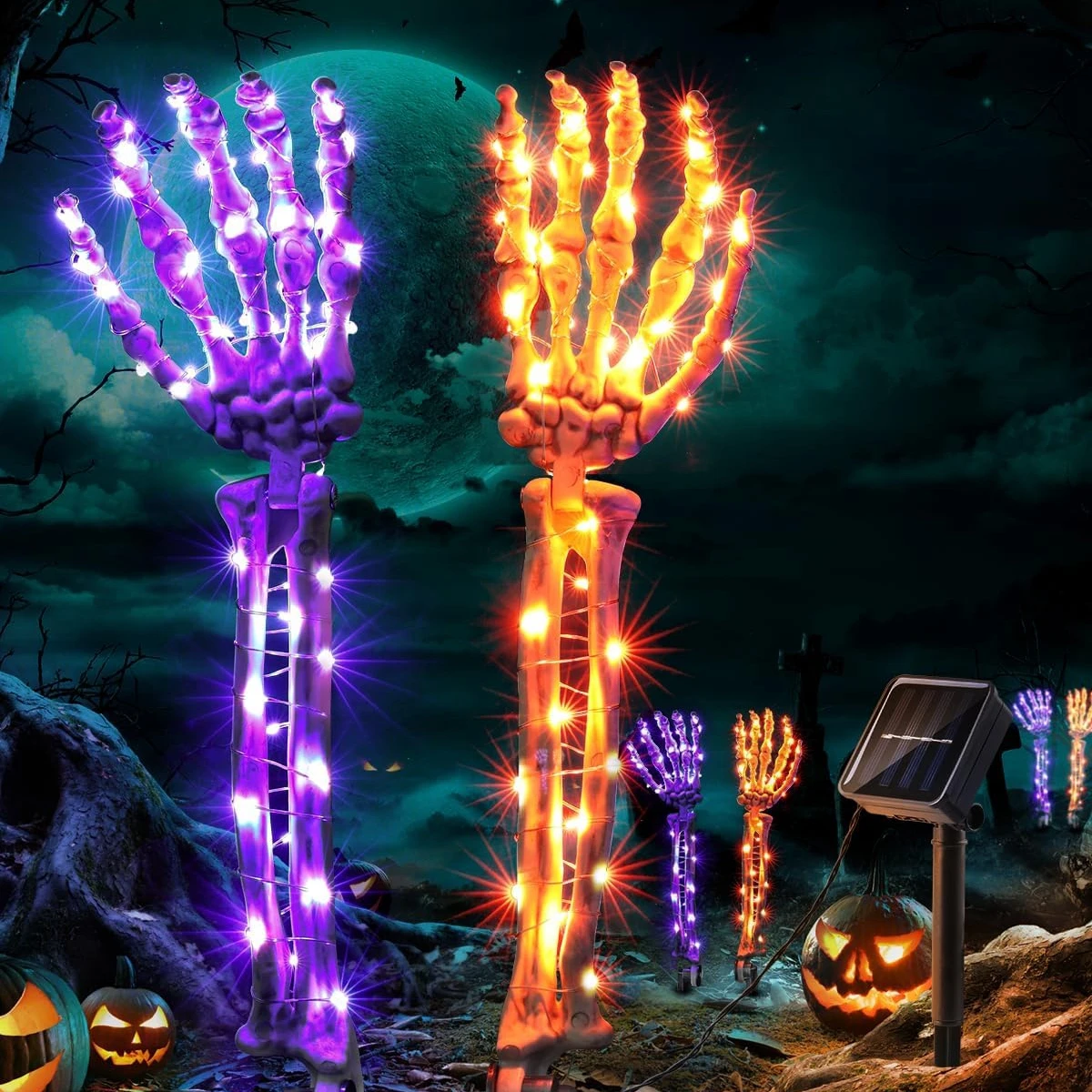 2 Buah/Set 100LED Lampu Kawat Tembaga Surya Tangan Kerangka Lampu Ungu & Oranye dengan 8 Mode untuk Dekorasi Halloween Halaman Taman Rumah