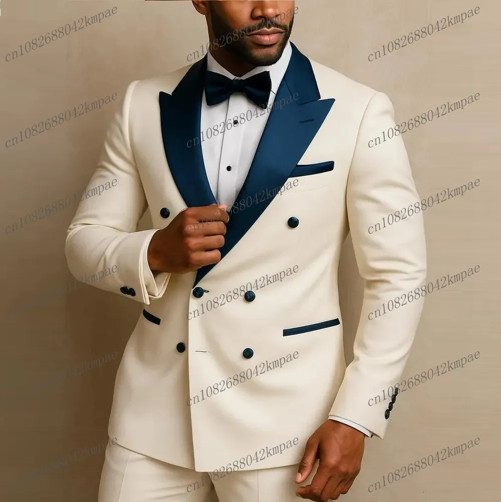 

New Blue Collar White Men Suit Formal Occasion Groom Groomsman Wedding Party Prom Male Business Tuxedos 2 Piece Blazer Pants
